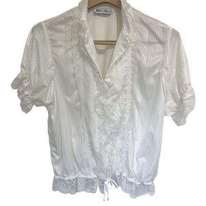Vintage Mass Appeal Blouse Shimmer White US Large Ruffle Victorian Lace Dramatic
